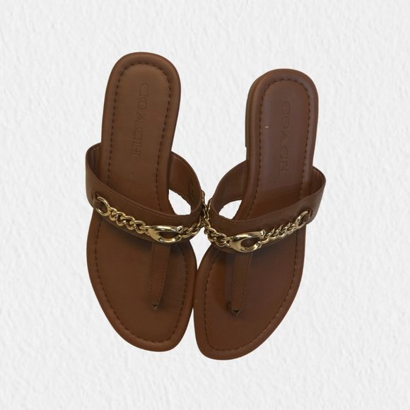 Coach Saddle Brown Sandals with Gold Chain Link - Picture 1 of 3